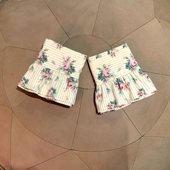 VINTAGE Ralph Lauren SOPHIE BROOKE Yellow Striped Ruffled Pillowcase with ROSES - Picture 4 of 5